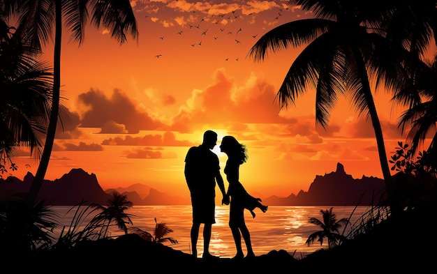 Tropical Sunset Romance 3D silueta de una pareja enamorada