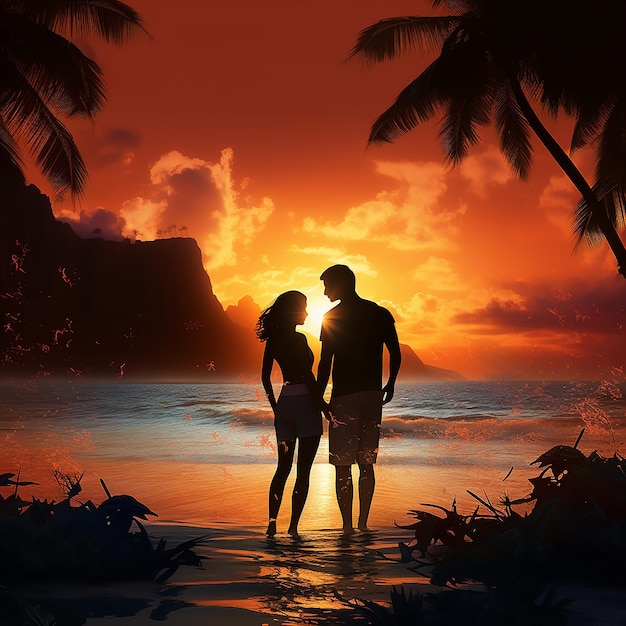 Tropical Sunset Romance 3D silueta de una pareja enamorada