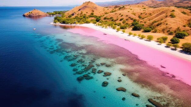 Tropisch rosa Strand mit Ozean Komodo-Inseln Luftaufnahme