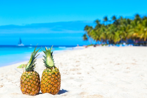 Tropische Ananas-Cocktails am karibischen Strand mit Palmen und Schiff