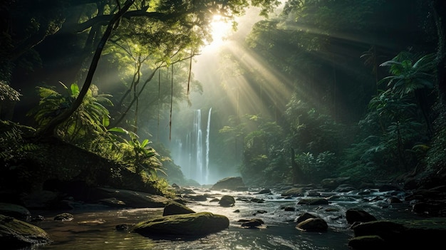 Tropische atmosphärische Landschaft Wasserfall bei Tagesanbruch