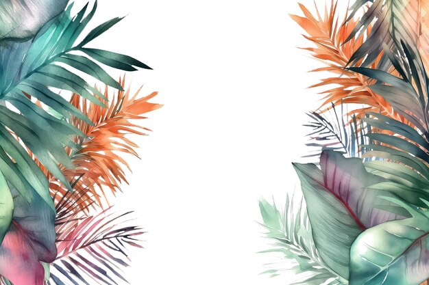 Tropische Blätter des Aquarells auf weißem Hintergrund AI