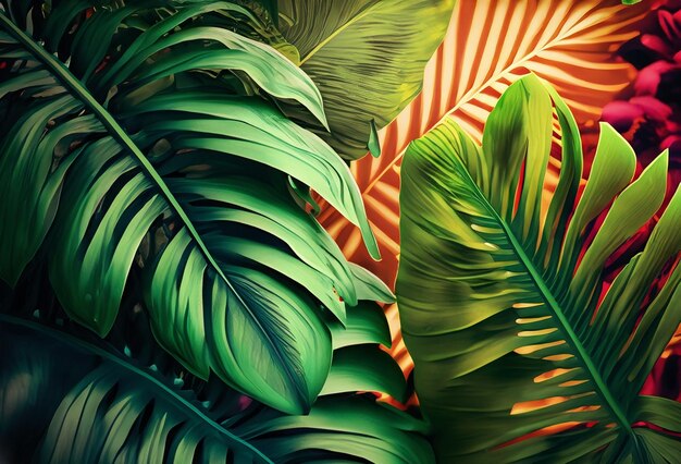 Foto tropische blätter im hintergrund mit großen exotischen palmblättern