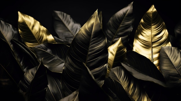 Tropische Blätter in Schwarz und Gold auf dunklem Hintergrund Exotische botanische Luxus-Generative Ai