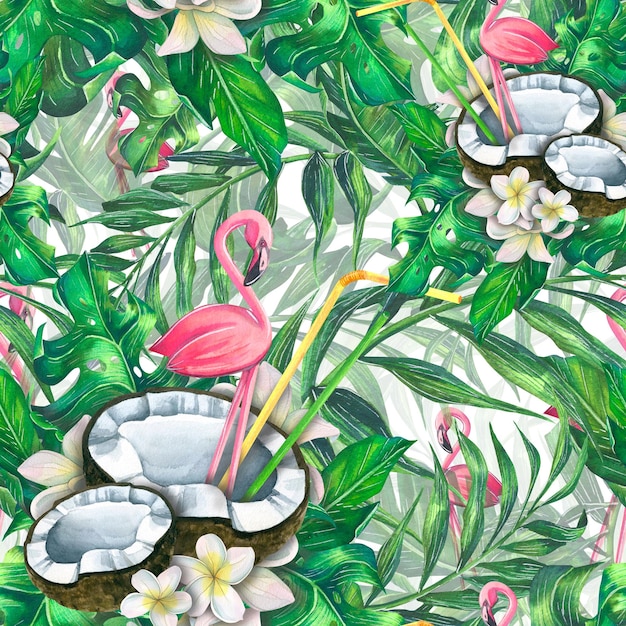 Tropische Blätter mit Kokosnusshälften rosa Flamingos und Cocktailröhren Helles exotisches nahtloses Muster Aquarell Für die Dekoration und Gestaltung von Bekleidungsstoffen druckt Tapetentextilien