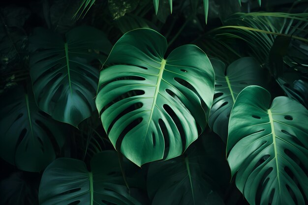 Tropische Blätter von Monstera deliciosa im dunklen Hintergrund