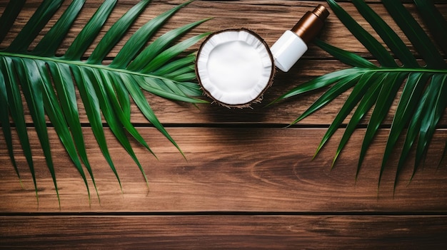 Tropische Blattpflegekosmetik und Kokosnuss auf einem Holztisch Draufsicht Mittel für die Haar-Körper-Haut