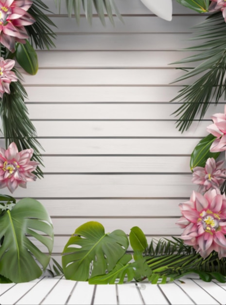 Tropische Blumen auf weißem Holzhintergrund Leerer Platz für Text Generative KI