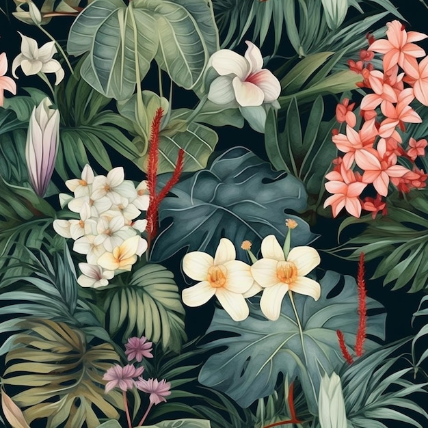 tropische Blumen und Blätter auf schwarzem Hintergrund, generative KI