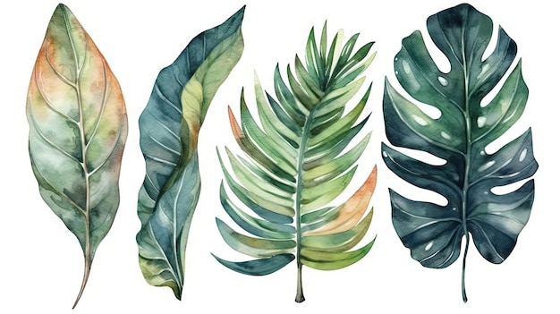 Tropische botanische Aquarell-Illustration von Monstera-Bananenpalmen und Farnblättern