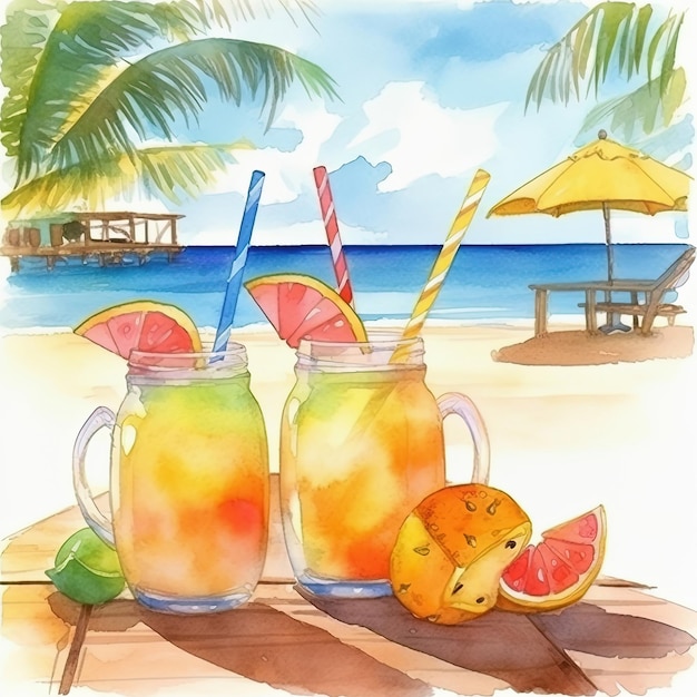 Tropische Cocktails am Strand mit farbenfrohem Meereshintergrund. Generative KI