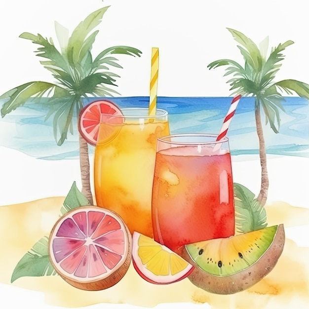 Tropische Cocktails am Strand mit farbenfrohem Meereshintergrund. Generative KI