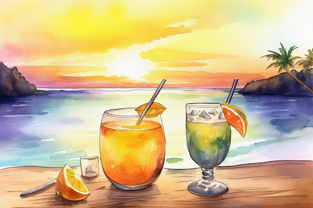 Tropische Cocktails am Strand mit farbenfrohem Sonnenuntergang am Meer Generative AI