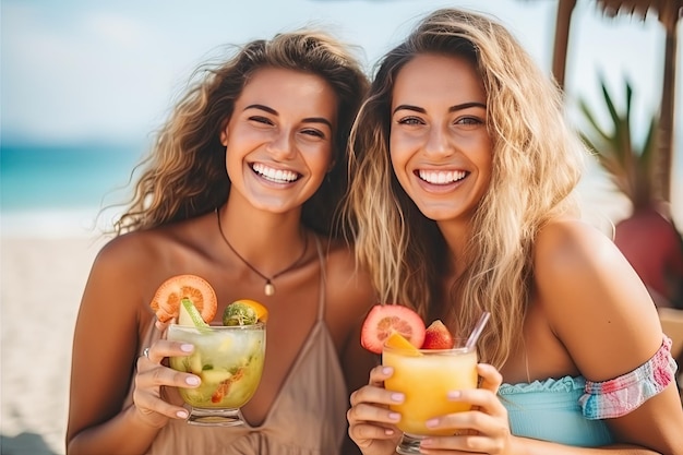 Tropische Cocktails auf der Strandparty Glückliche Freunde halten Farbe Cocktails kalte Fruchtgetränke Generative KI-Illustration