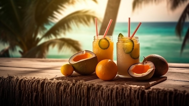 Tropische Cocktails mit frischen Früchten in einem atemberaubenden Strandparadies