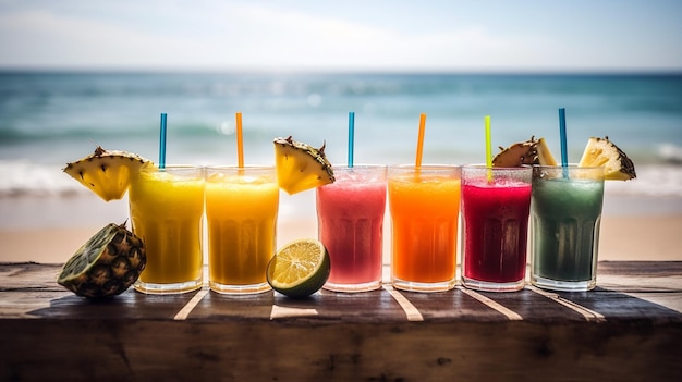 Tropische Cocktails mit frischen Früchten in einem atemberaubenden Strandparadies