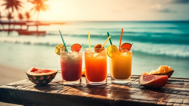 Tropische Cocktails mit frischen Früchten in einem atemberaubenden Strandparadies