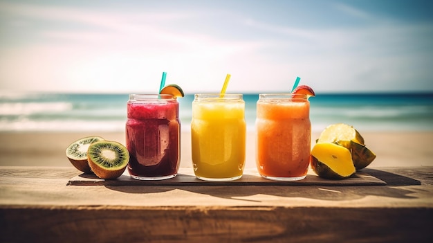 Tropische Cocktails mit frischen Früchten in einem atemberaubenden Strandparadies