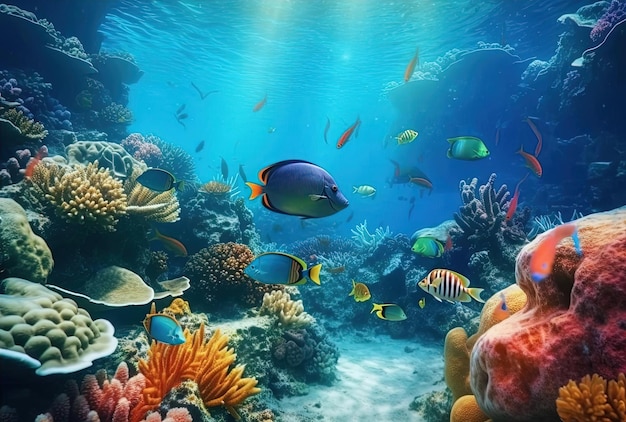 Tropische Fische schwimmen in der Nähe von Korallenriffen.