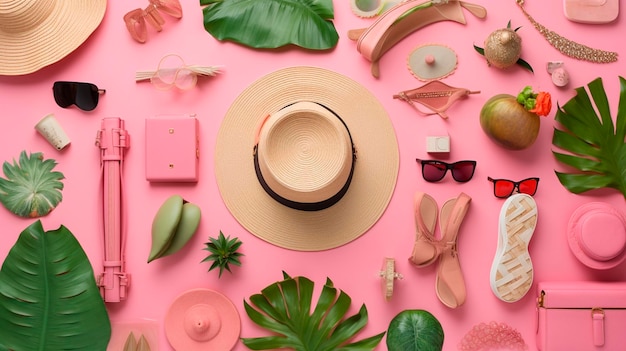 Tropische Flatlay-Accessoires für den Sommerurlaub in leuchtendem Pink mit generativer KI