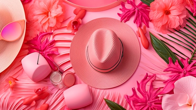 Tropische Flatlay-Accessoires für den Sommerurlaub in leuchtendem Pink mit generativer KI