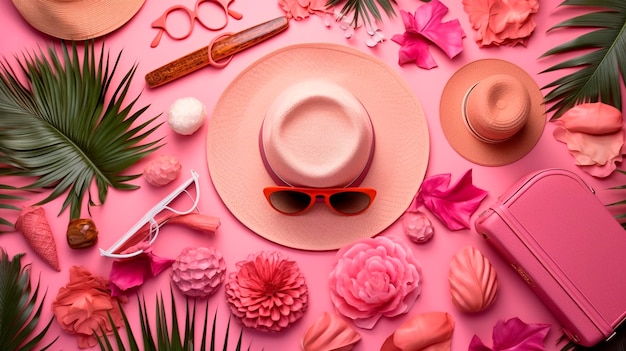 Tropische Flatlay-Accessoires für den Sommerurlaub in leuchtendem Pink mit generativer KI