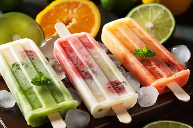 Foto tropische fruchtpopsicles mit sichtbaren fruchtstücken im inneren