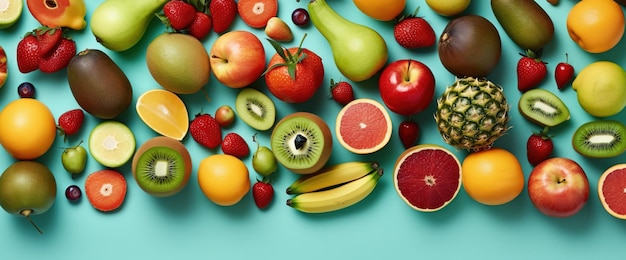 Tropische Früchte auf blauem Hintergrund Hochwertiges AI-generiertes Bild auf weißem Hintergrund