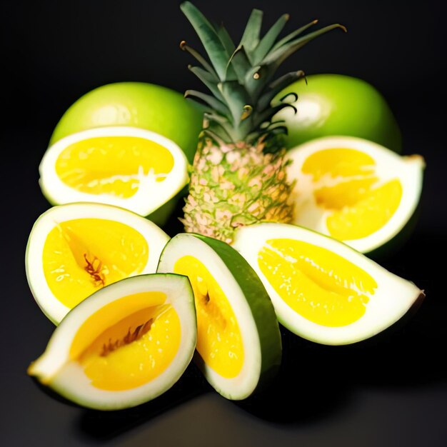 Tropische Früchte auf schwarzem Hintergrund, minimalistisches Lebensmittelfoto