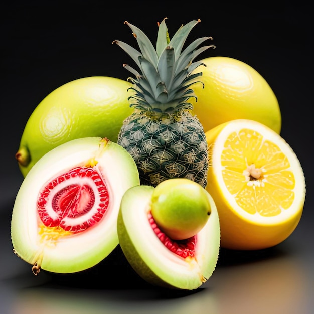 Tropische Früchte auf schwarzem Hintergrund, minimalistisches Lebensmittelfoto