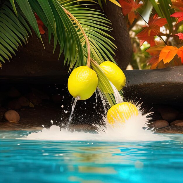 Tropische Früchte fallen mit Spritzen ins Wasser