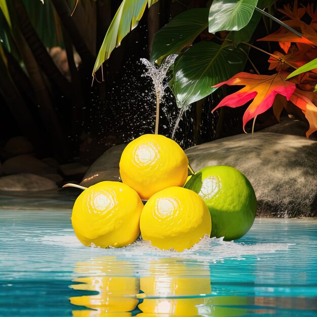 Tropische Früchte fallen mit Spritzen ins Wasser