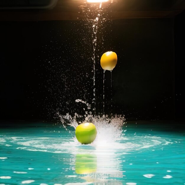 Tropische Früchte fallen mit Spritzen ins Wasser