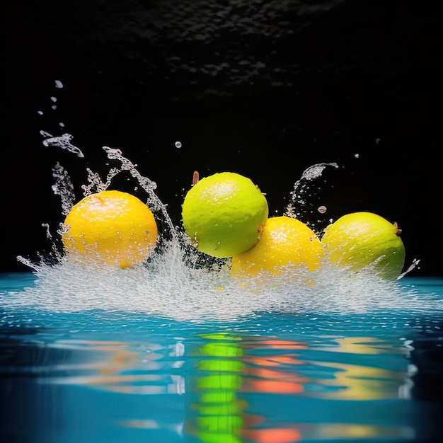 Tropische Früchte fallen mit Spritzen ins Wasser