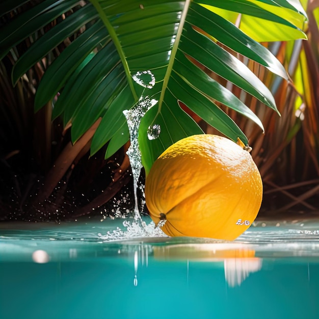 Tropische Früchte fallen mit Spritzen ins Wasser