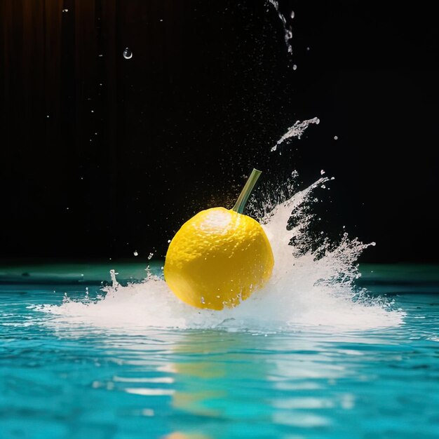 Tropische Früchte fallen mit Spritzen ins Wasser