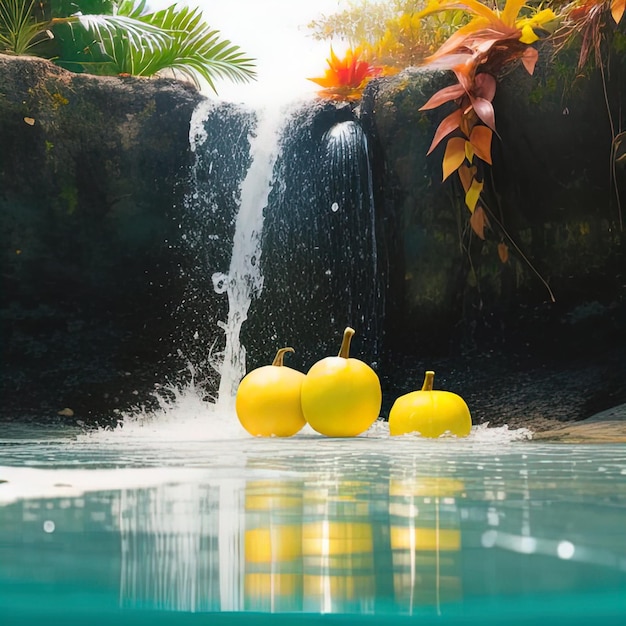 Tropische Früchte fallen mit Spritzen ins Wasser