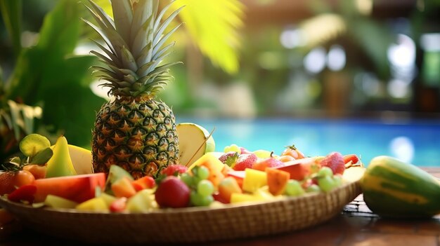 Tropische Früchte mit Begrüßungsgetränken für den Touristen im Hotel