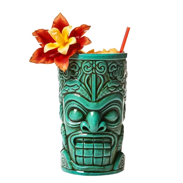 Tropische Getränke, die auf Tiki-Tassen serviert werden, isolierter Tiki-Cocktail für die Strandbar