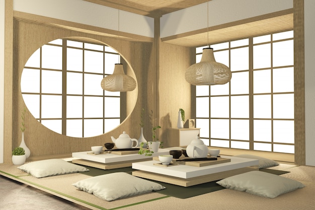 Tropische Innenarchitektur mit Sofa für Wohnzimmer im japanischen Stil. 3D-Rendering