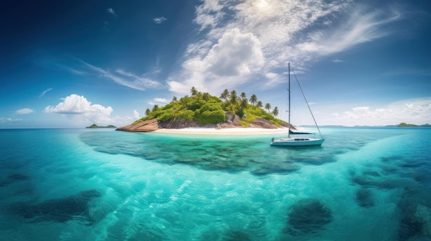 Tropische Insel im Ozean mit Palmen und klarem Wasser, erstellt mit generativer KI-Technologie