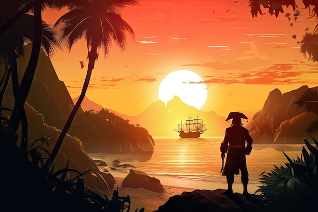 Tropische Insel mit Blick auf den Sonnenuntergang und einem Piraten, der an der Küste steht, erstellt mit generativer KI