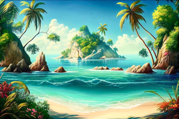Tropische Insel mit Palmen und Felsen Generative KI