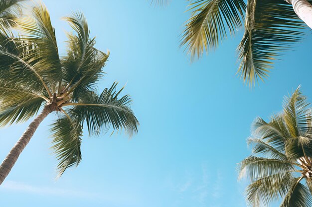 Tropische Kokospalmen mit klarem blauem Himmel als Copy-Raum-Hintergrund mit niedriger Winkelansicht