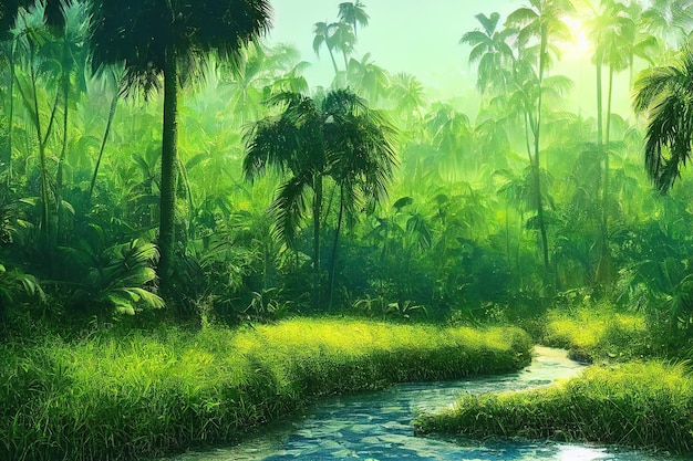 Tropische Landschaft des sonnigen Dschungelwaldes