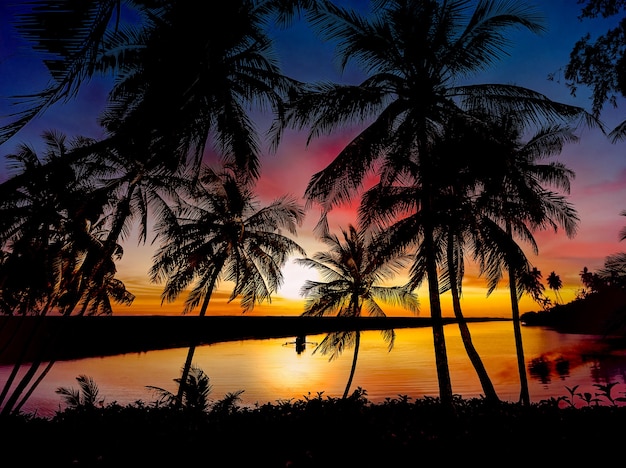 Tropische Landschaft mit buntem Himmel und Palmensilhouette