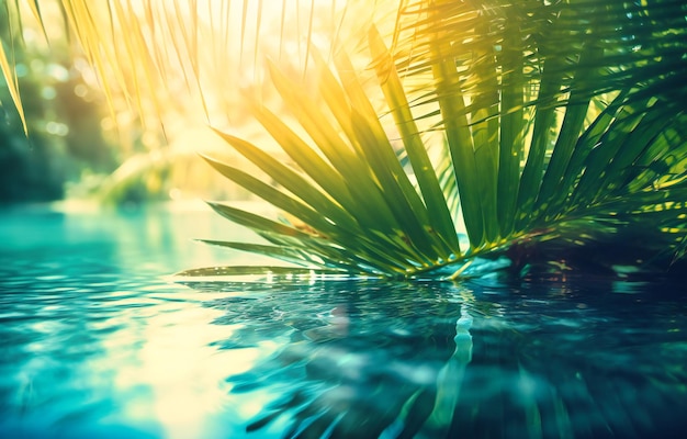 Tropische Landschaft mit Palmblättern im Wasser an einem strahlend sonnigen Tag im Paradies