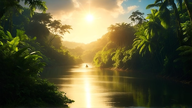 Tropische Landschaft mit überwachsenen Bäumen am Flussufer bei Sonnenuntergang