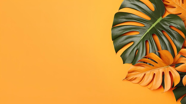 Tropische Monstera-Blätter auf orangefarbenem Hintergrund