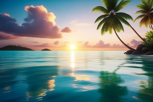 Tropische natürliche Meereslandschaft Sonnenuntergang für Hintergründe Erstaunliche tropische Landschaft Fantastischer Sonnenaufgang auf dem Ozean für Urlaubsstil Design Konzept von Sommerferien und Reiseferien Kopieren Sie Anzeigentextraum